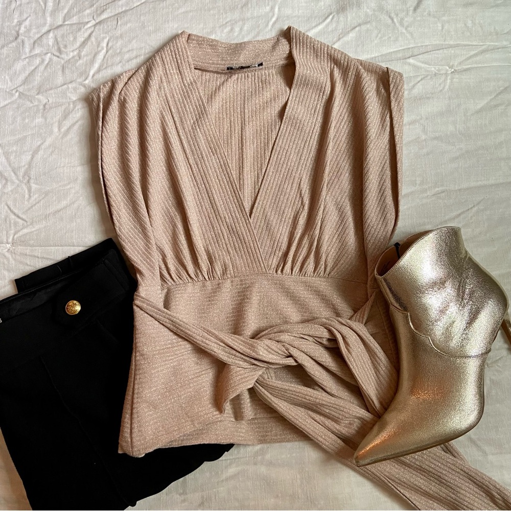Express Gold Shimmer Tie Front Knit Top - Size S